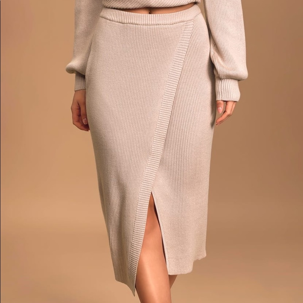 NWT Lulus Taupe Ribbed Knit Faux Wrap Midi Skirt